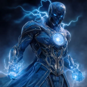 A powerful superhero character in a futuristic outfit, wearing a...