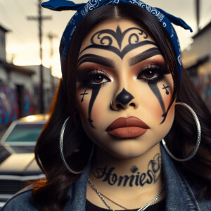 Create an image featuring a Latina woman with  chicana clown mak...