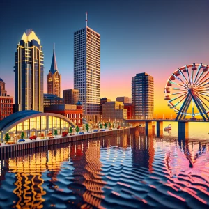 Generate an image of Milwaukee, Wisconsin's skyline at sunset, p...