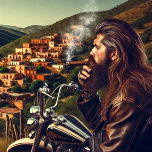 Draw a biker with long brown hair and a full long beard with str...