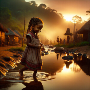 A little African girl in the African village with long braided h...