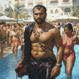 Photorealism,a muscular beefy criminal man walking with his swea...