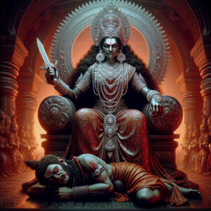 Photograph of an angry, tall, gorgeous goddess sitting on a throne and a short mahishasur laying down on top of her lap. silver jewelry all over her body. Mahishasur has wounds. Background is reddish hue everywhere. Ultra detailed face, Epic scene. 4k, HDR