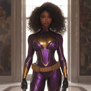 A superheroine stands with commanding grace in an empty room, he...