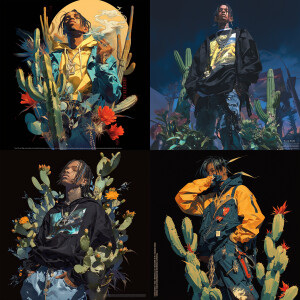 "Travis Scott surrounded by cacti, embodying hip-hop vibes, agai...
