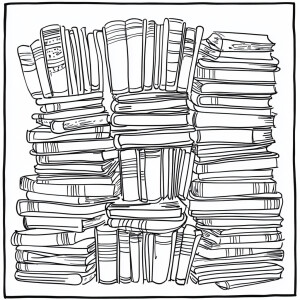 Design a coloring page featuring a neatly arranged stack of book...