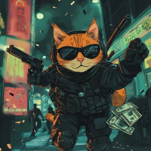 A wide-eyed ginger cat wearing a black tactical balaclava (or ma...