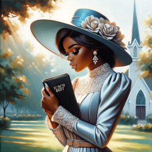 Render an airbrush oil painting of an African American woman with flawless makeup in a
contemplative pose, holding a Bible close to her heart, dressed in an elegant Sunday Best
outfit with a distinctive Church Hat. The background features a peaceful church garden,
with light filtering through the trees, highlighting her spiritual connection and the personal
moment of reflection. The artwork should capture the tranquility of the scene, the beauty
of her attire, and the depth of her contemplation, reflecting a serene and spiritually