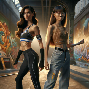 Athletic Thin skinny Attractive, Asian teenage girl, long brown hair and bangs, wearing tight skinny jeans and a halter top paint marks on her clothing, heroic pose Asian graffiti background, backside view