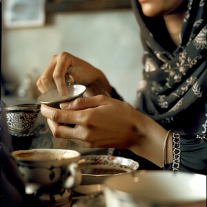 Close-up shot from behind the arabwomen showing detailed hands p...