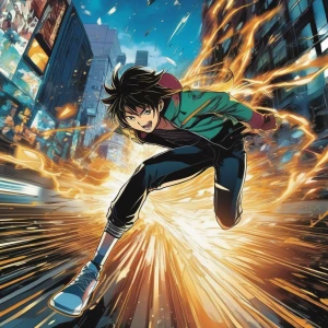 A dynamic two-panel layout showing a high school student narrowly dodging a magical energy blast in a bustling city street, complete with speed lines and stylized sound effects.