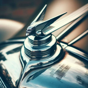 A detailed shot of a vintage car’s hood ornament, with the chrome surface showing faint fingerprints, and the surrounding environment clearly reflected in the metal.