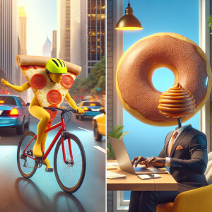 "Create an image of anthropomorphic food engaged in everyday hum...