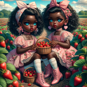 Two Caricature African American girl tan skin tone, blue eyes. S...