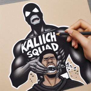 Нарисуй супер героя с надписью на груди KALICH SQUAD,в руке он д...