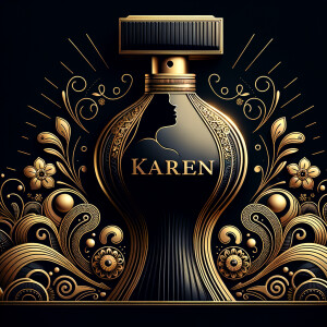 Design, a black and gold perfume bottle in the shape of a woman’s body with flowers and the name Karen