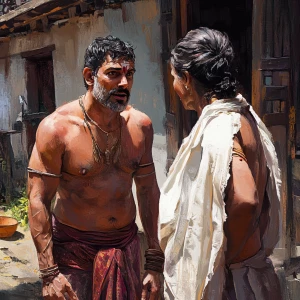 Realism art style,a muscular sweaty village head man talking to...