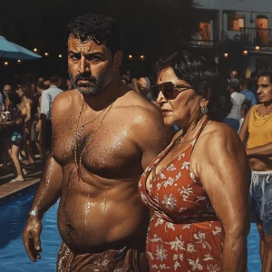 Realism art,a muscular beefy sweaty man walking with his 51 year...