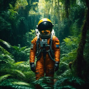 "Astronaut in a Jungle" by Syd Mead, (8k, RAW photo, best qualit...