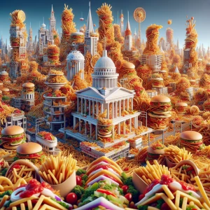 Create an 8K UHD hyper-realistic 3D image of a surreal cityscape...