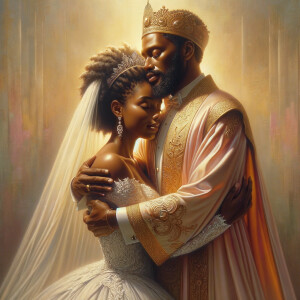 Imagine a hyper-realistic oil painting that captures a tender moment between theAfrican American bride and her God. The setting is intimate and filled with soft, warm lighting that enhances the emotional depth of the scene. The bride, in herexquisite wedding gown, shares a heartfelt embrace with her african-American Lord Jesus , who is dressedin an elegant outfit that complements the wedding's color scheme. Their expressions are full of love, pride, and joy, reflecting the special bond between them. Theattention to detail is paramount, from the intricate designs of their dresses to the subtle emotions conveyed in their facial expressions. The background is a blur ofgentle pastel hues, ensuring that the focus remains on this touching moment. Thispainting should convey the warmth, love, and depth of the relationship, with the rich textures and vibrant strokes characteristic of oil paintings, capturing the essence of this significant pre-wedding moment.