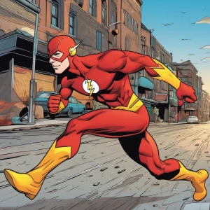 A side view of cute little The flash superhero running down a st...