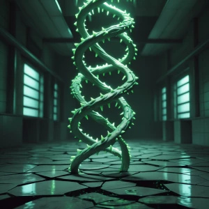 "In a dimly lit laboratory, a grotesque double helix rises, puls...