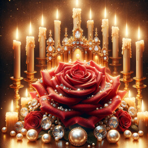 "Envision the scene before you: a majestic rose bathed in the warm glow of candlelight, its petals unfolding like a treasury of pearls and diamonds sparkling in soft illumination. Golden candles stand tall, their flames casting a lustrous sheen that brings out the gold's rich patina.