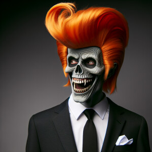 Image of the crypt keeper wearing a trump suit and Trump hair