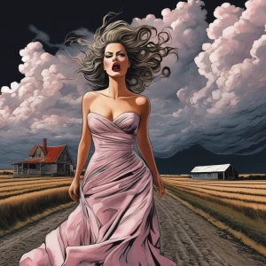 a woman wearing a tornado as a dress, the skirt merges into dark clouds in the sky and swirls pulling objects into it, her hair is wild in the wind, she walks forward her face porcelain white with pale pink lips, the woman wears the dress walking down a country road leaving destruction of houses and farms in her wake