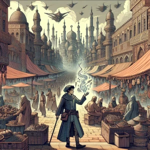 A lively marketplace set in a fantastical world, filled with ven...