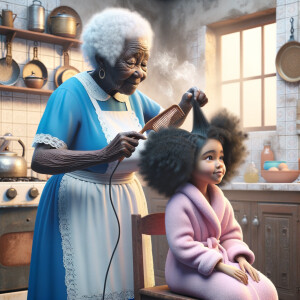 Create a realistic 3-D image of an african-American grandmother wearing a blue house dress and a white apron . She is in the kitchen with her african-American granddaughter. Her granddaughter is wearing a pink bath robe. The grandmother has a hot comb in her hand and she is straightening her granddaughters hair. One side of her granddaughters hair is in  a Afro the other straight 
There is smoke coming from the hot comb
The granddaughter is making a face