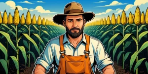 Crypto farmer wearing old hat doing his daily routine in field o...