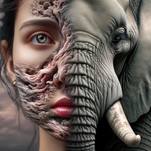 A woman's face transforming into a elephant's snout, ultra-detai...