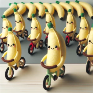Felted image of bananas riding bicycles with a banana seat