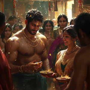 Digital art HD 1:1,A muscular, sweaty man celebrates Diwali with...