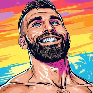 White muscular thin man with beard, big chin, smile and cheekbon...