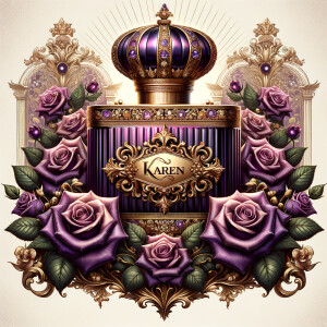 Craft an image of an ornate perfume bottle, with a luxurious design featuring purple roses and intricate gold detailing. At the center of the bottle, include an elegant, raised gold script that spells out the name 'Karen'. The bottle should exude opulence with a jeweled crown-like cap and a background that suggests sumptuousness and sophistication. The script should be harmonious with the lavish design, standing out against the purple and gold palette.