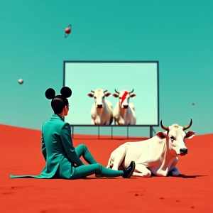 Surreal cinematic scene on Mars — a woman in a sleek teal suit w...