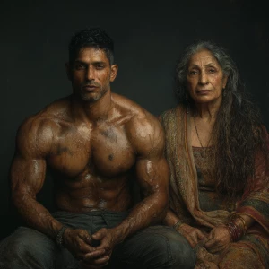 Hyperrealism photo painting,A man muscular beefy sweaty doinga y...