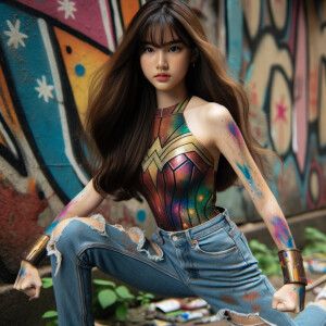 teenage girl, long brown hair and bangs, wearing tight skinny jeans and a halter top paint marks on her clothing, heroic pose Asian graffiti background, nearing on one knee