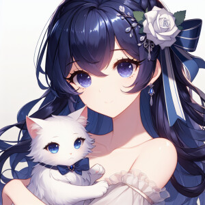 Hot anime woman with dark blue hair and dark brown eyes. She wea...