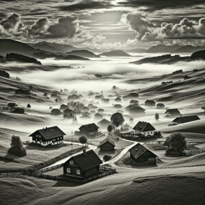 A beautiful black-and-white landscape of an old farming town bas...