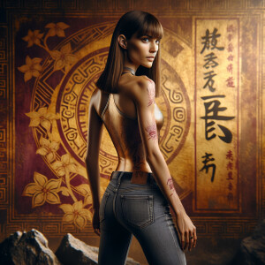 Athletic Thin skinny Attractive, Asian teenage girl, long brown hair and bangs, wearing tight skinny jeans and a halter top paint marks on her clothing, heroic pose Asian graffiti background, backside view