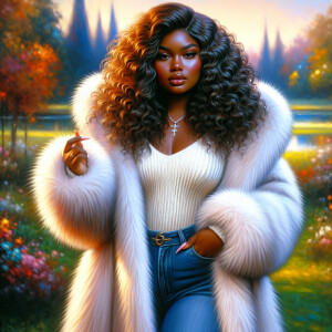 Craft a 4K glossy oil painting portraying a regal, plus-size Afr...