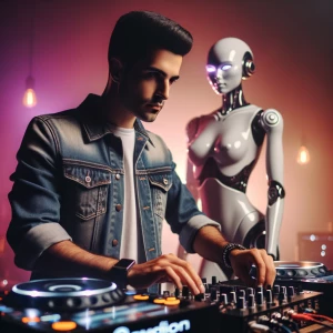 Anyma, a DJ, is positioned in front of his high-tech DJ equipmen...