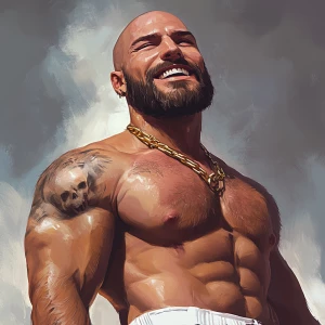 White muscular thin man with beard, big chin, smile and cheekbon...