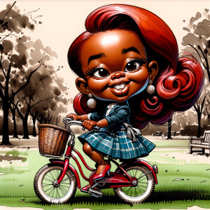 Ink wash panting: park landscape riding a bicycle. A caricature...