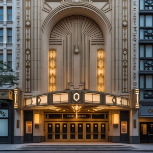 a theater entrance with elegant patterns and bold symmetry