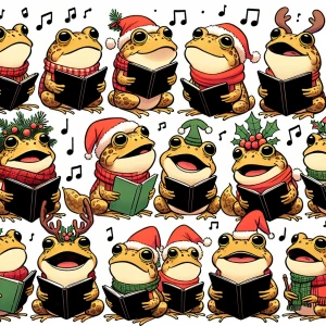 A chorus of animated the toads singing Christmas carols, each de...